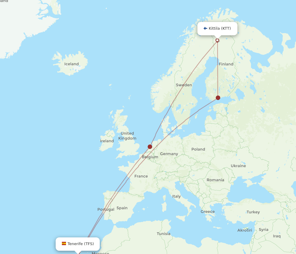 KTT to TFS flights and routes map