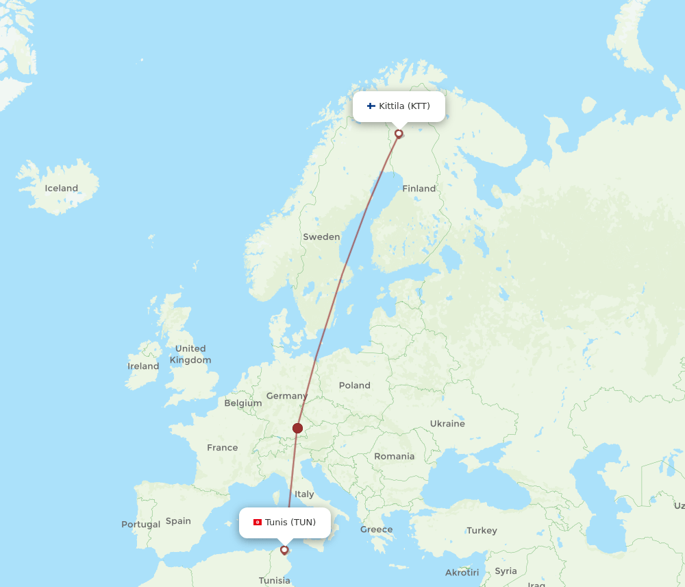 Tunis - Kittila route map and flight paths