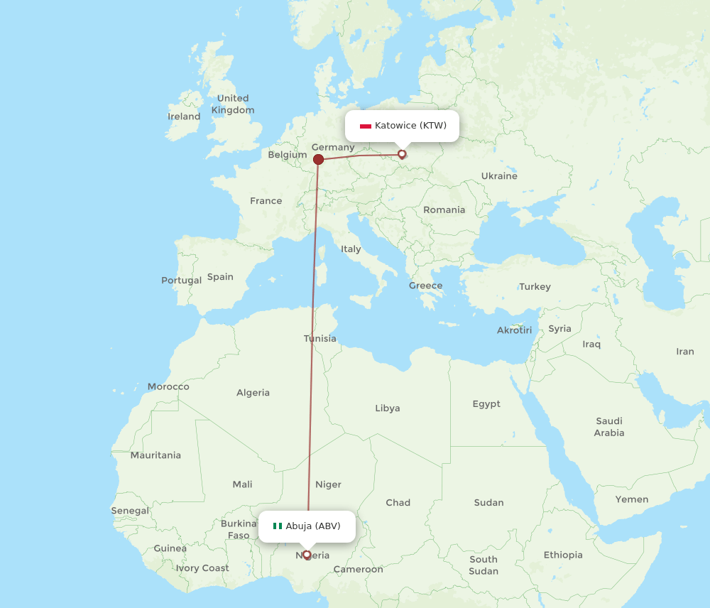 Abuja - Katowice route map and flight paths