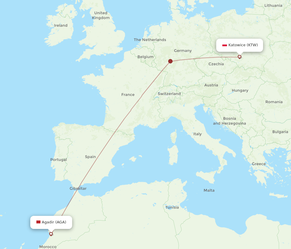 KTW-AGA flight routes