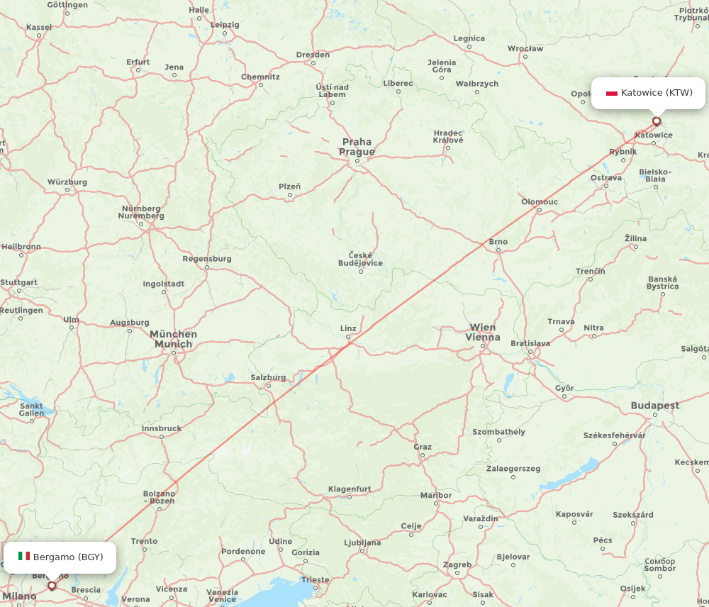 Katowice - Milan route map and flight paths