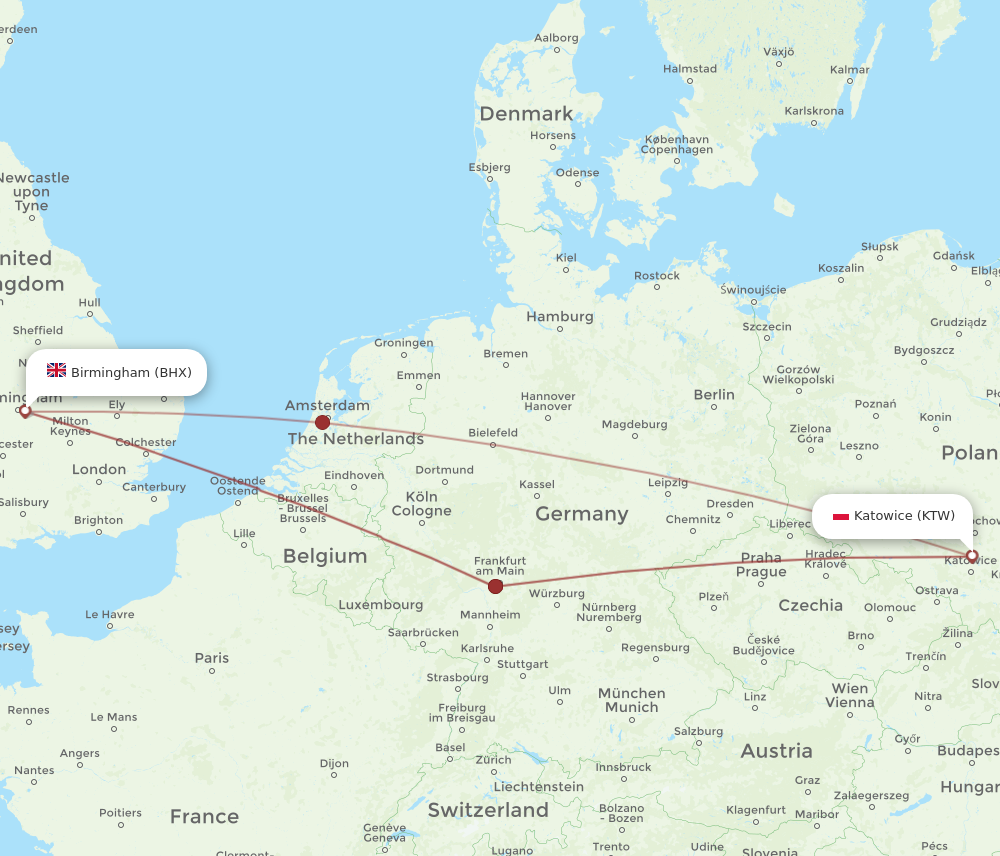 KTW to BHX flights and routes map