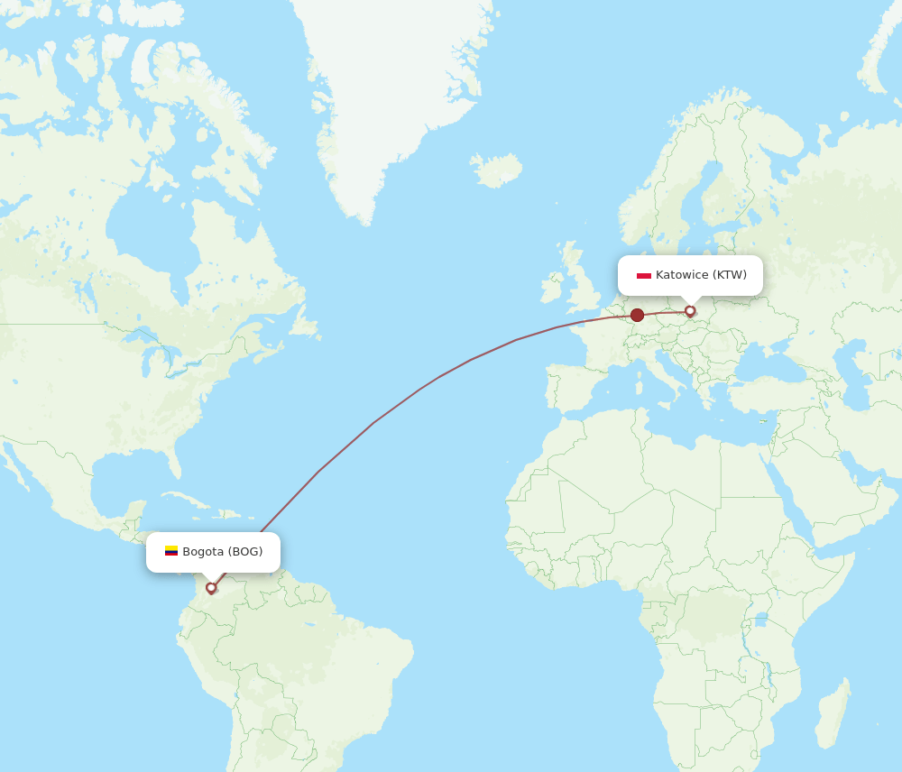 Bogota - Katowice route map and flight paths