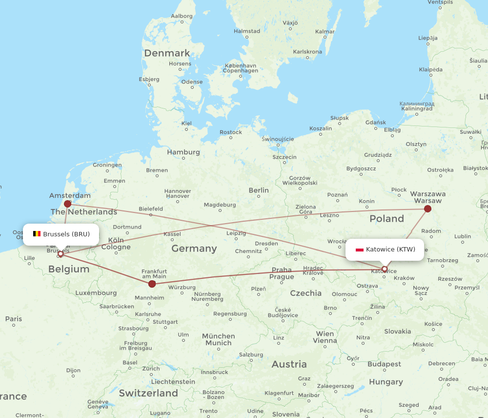 KTW to BRU flights and routes map