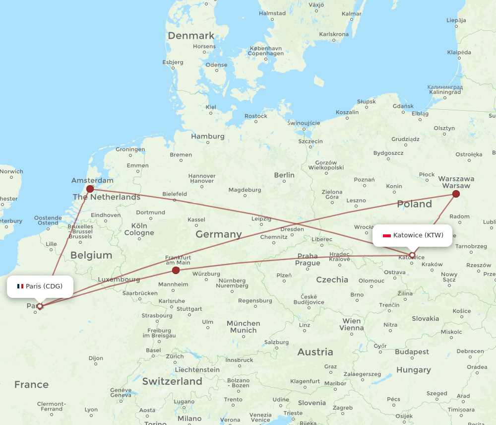 KTW to CDG flights and routes map