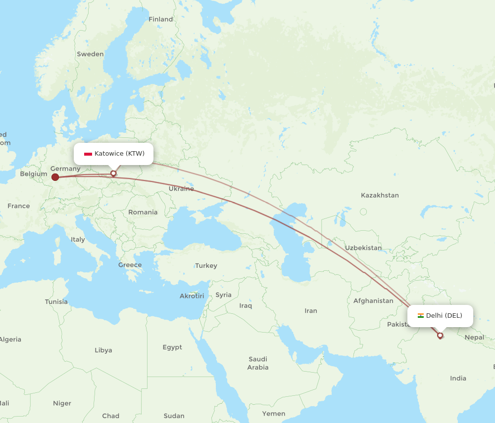 KTW-DEL flight routes
