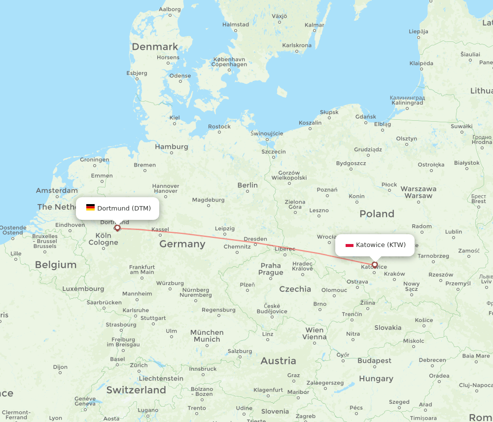 Katowice - Dortmund route map and flight paths