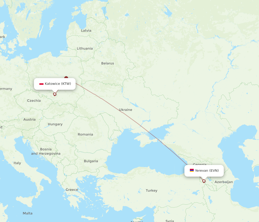 KTW to EVN flights and routes map