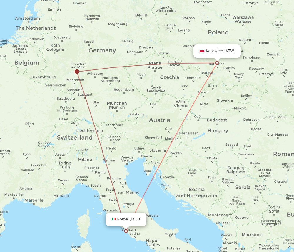 KTW to FCO flights and routes map