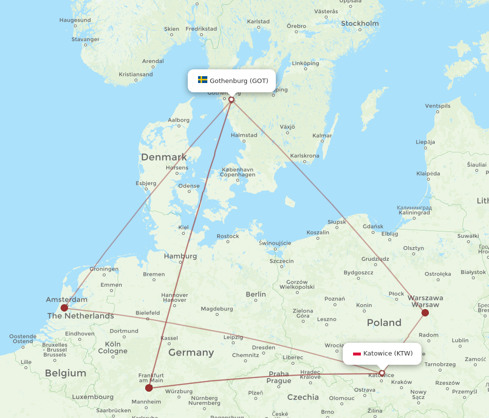KTW to GOT flights and routes map