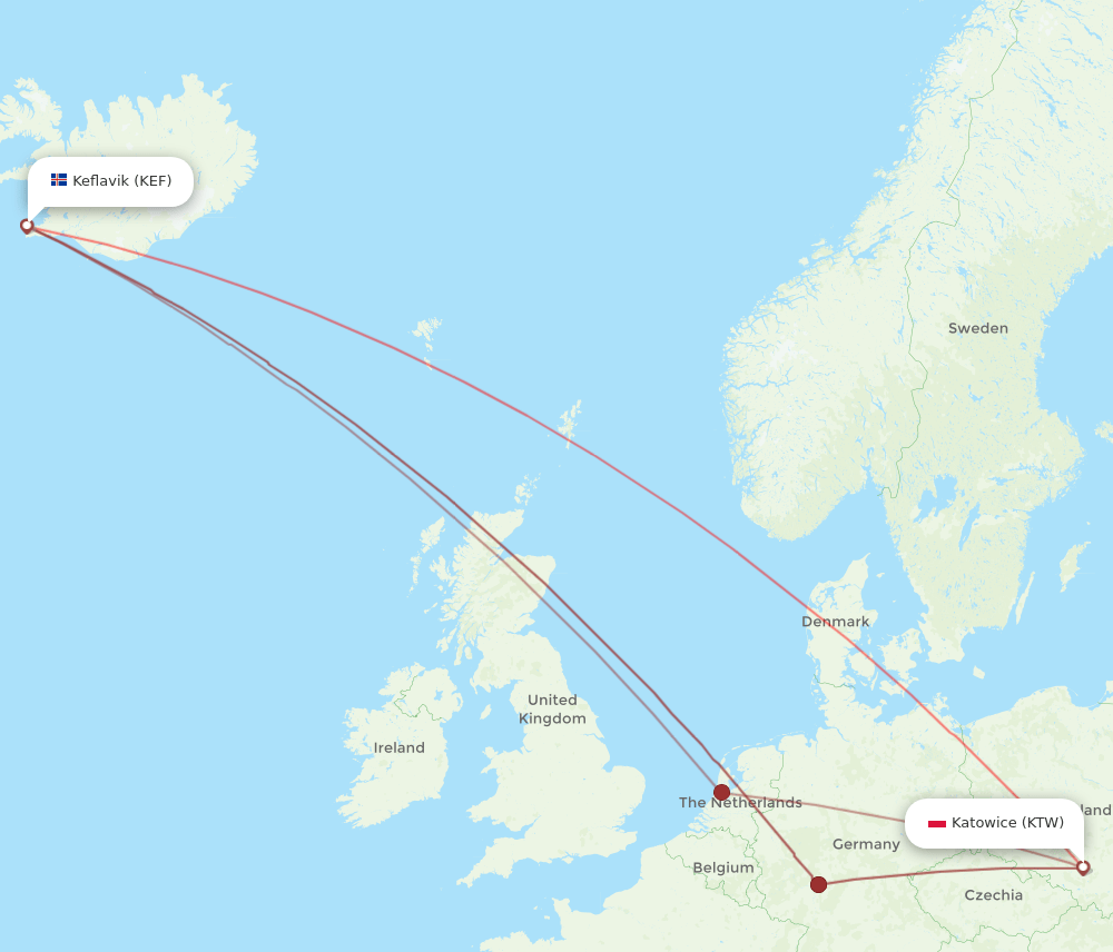 KTW-KEF flight routes