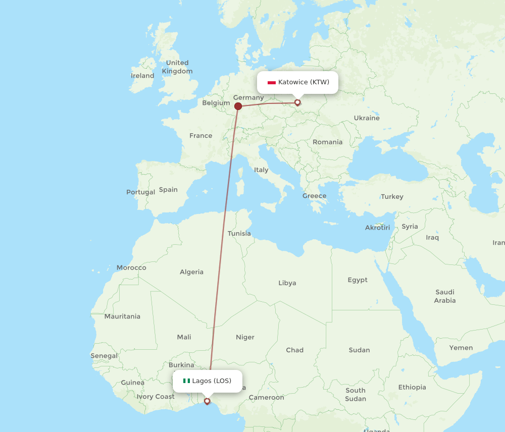 Lagos - Katowice route map and flight paths