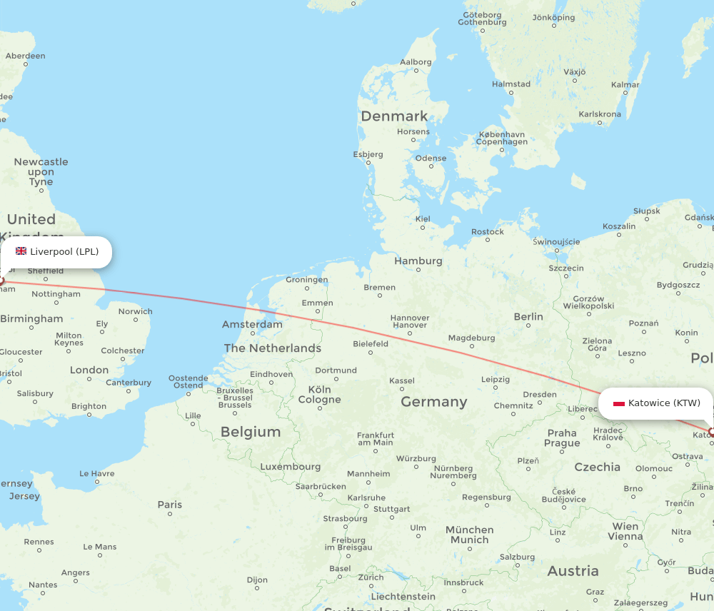 Katowice - Liverpool route map and flight paths