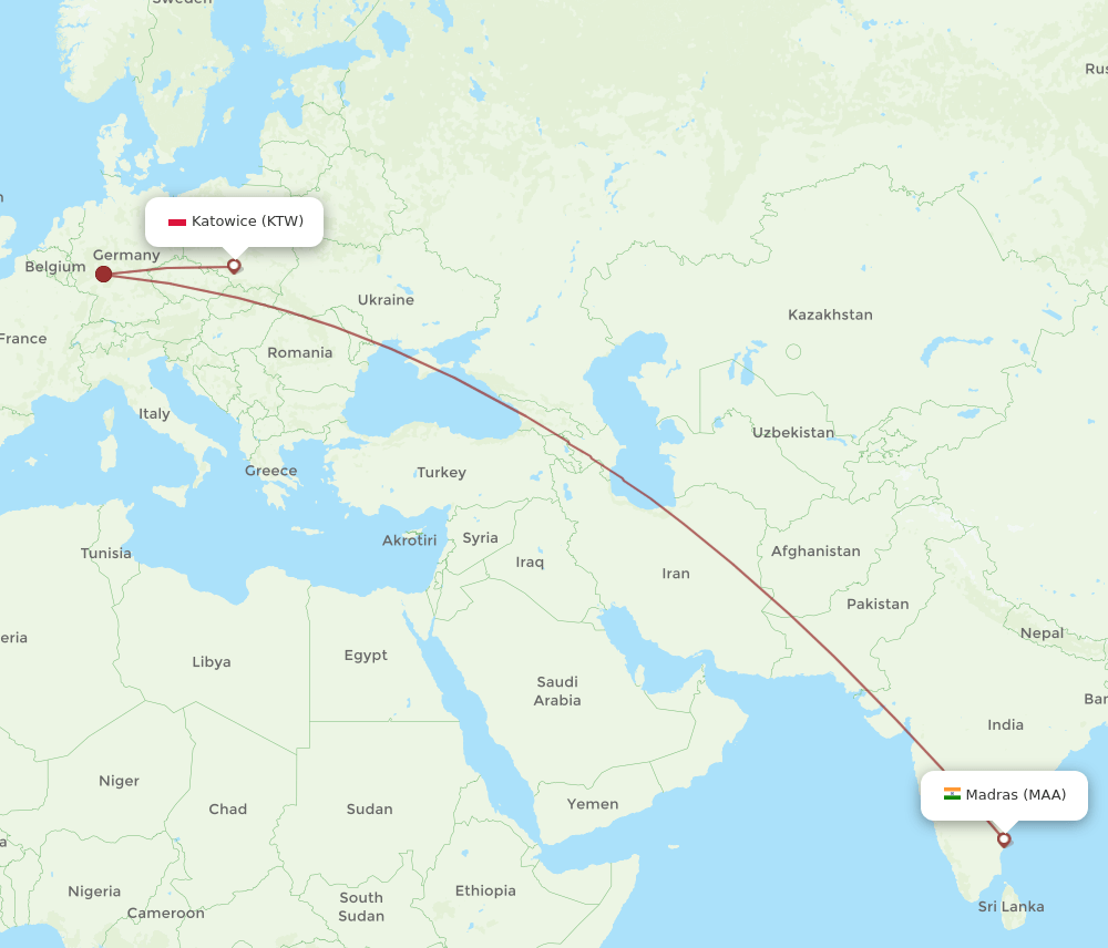 KTW-MAA flight routes