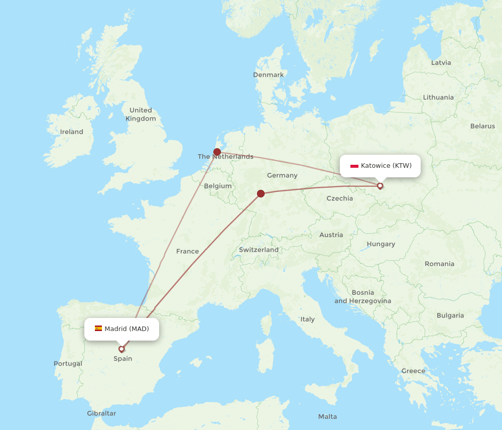 KTW-MAD flight routes