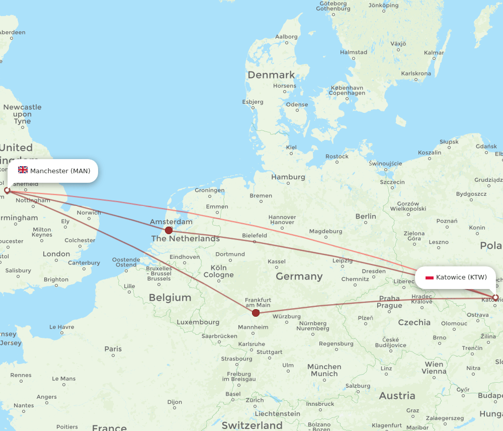 KTW-MAN flight routes