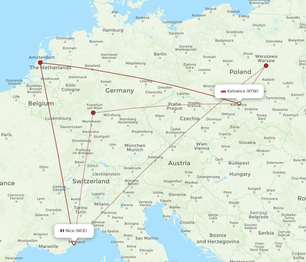 KTW to NCE flights and routes map