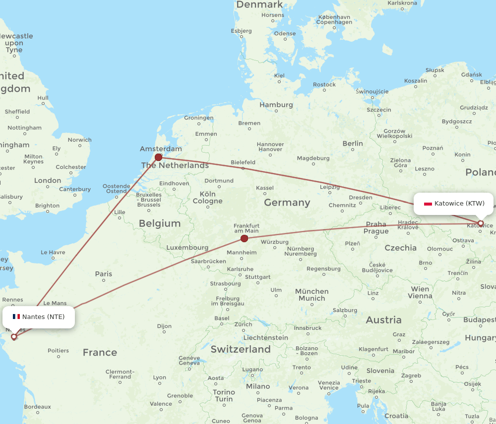 KTW to NTE flights and routes map