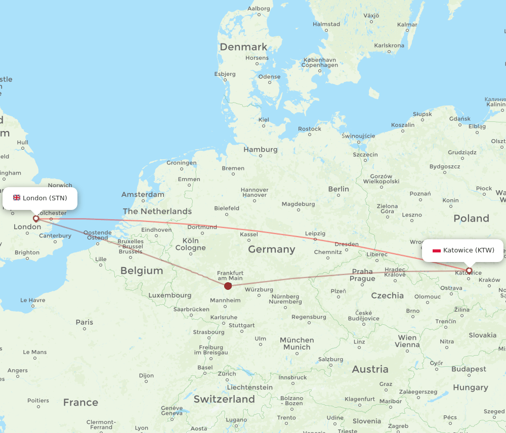 Katowice - London route map and flight paths