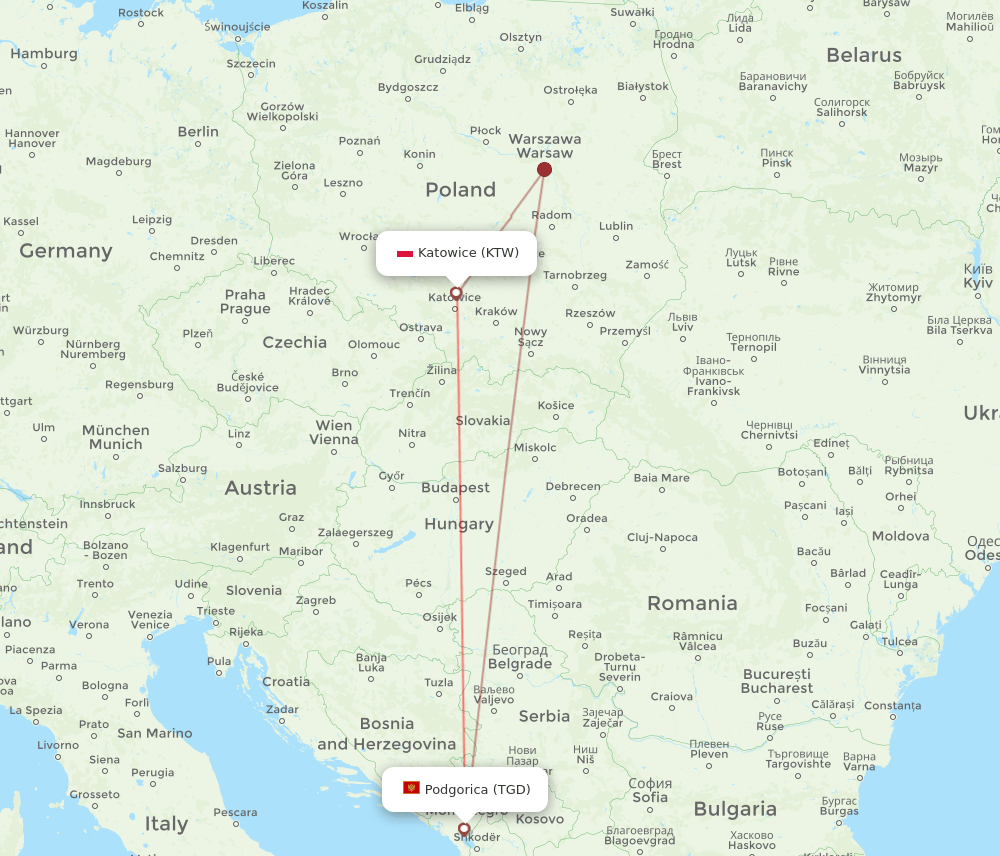 KTW-TGD flight routes