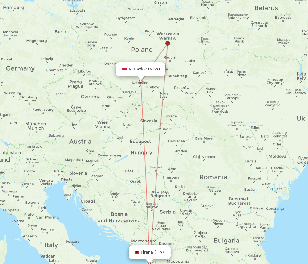 KTW-TIA flight routes
