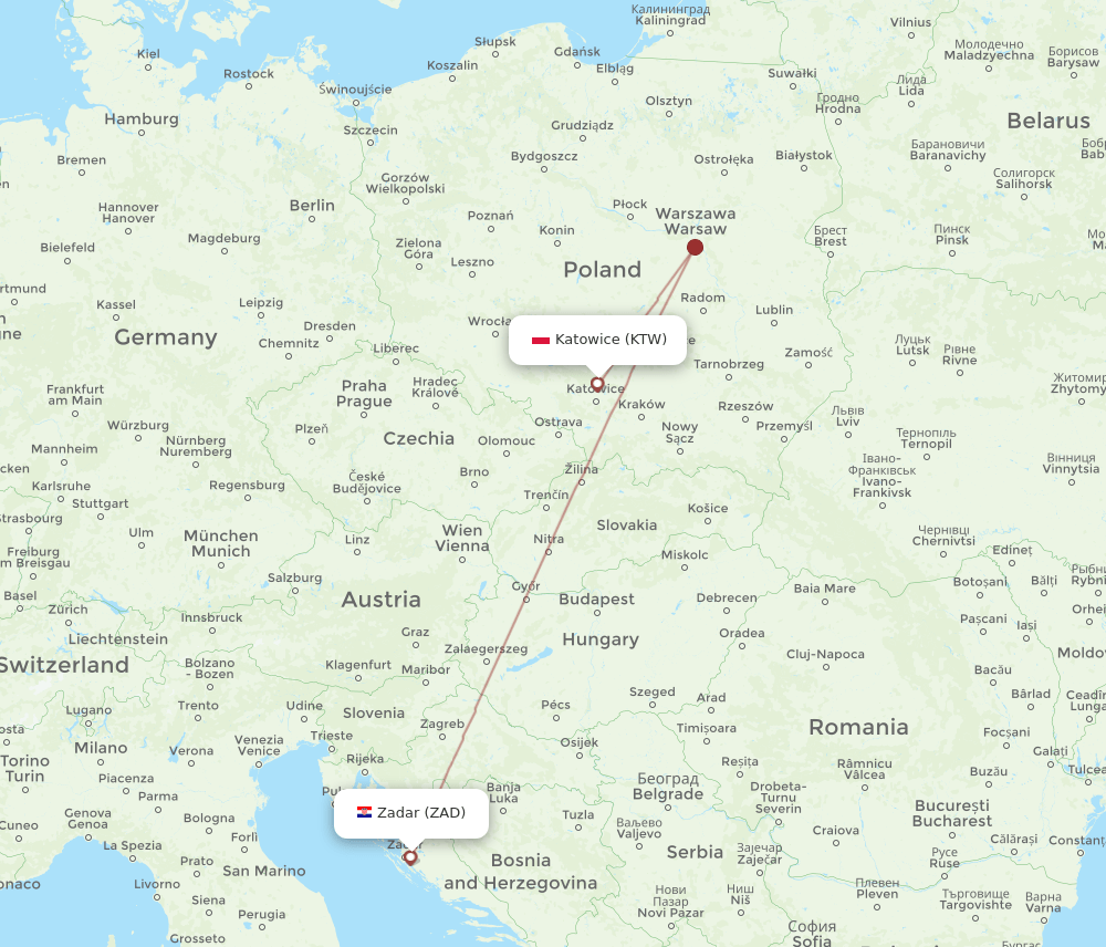 Zadar - Katowice route map and flight paths