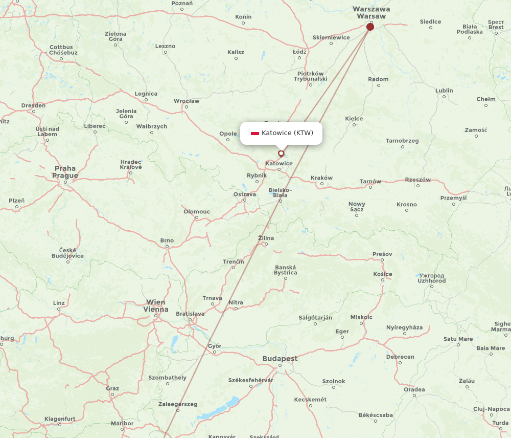 Zagreb - Katowice route map and flight paths