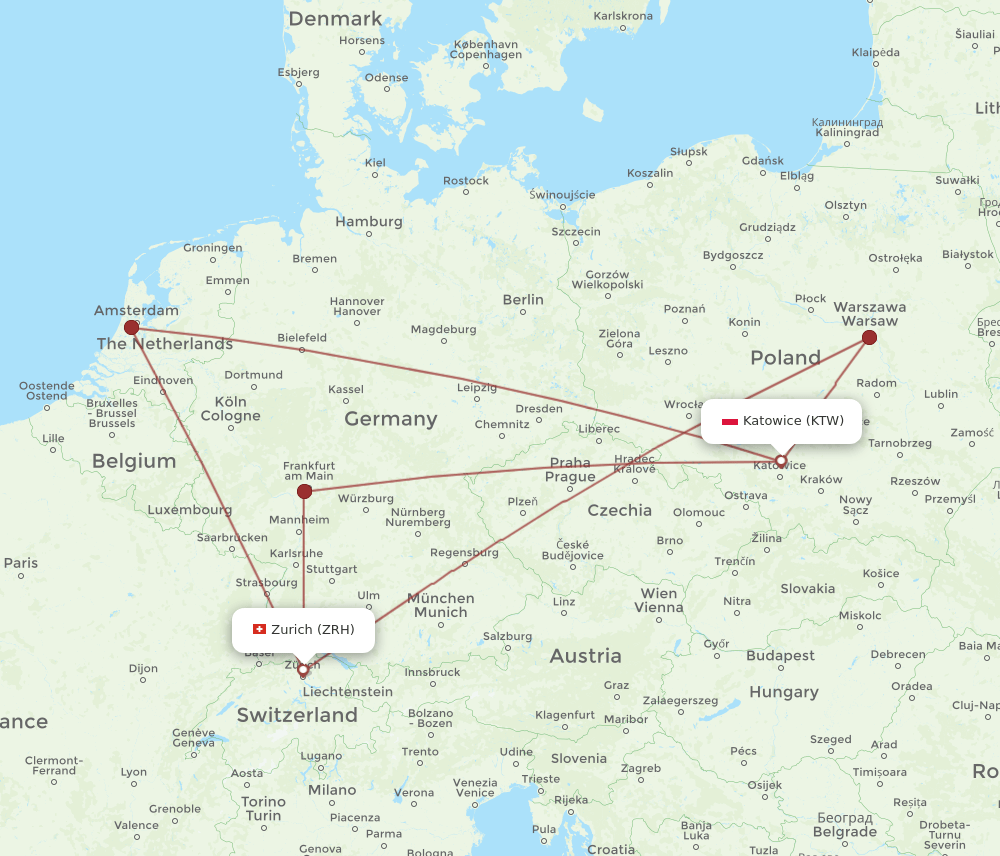 Zurich - Katowice route map and flight paths