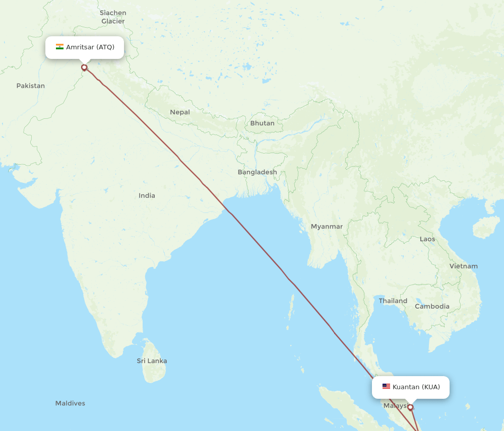 Amritsar - Kuantan route map and flight paths