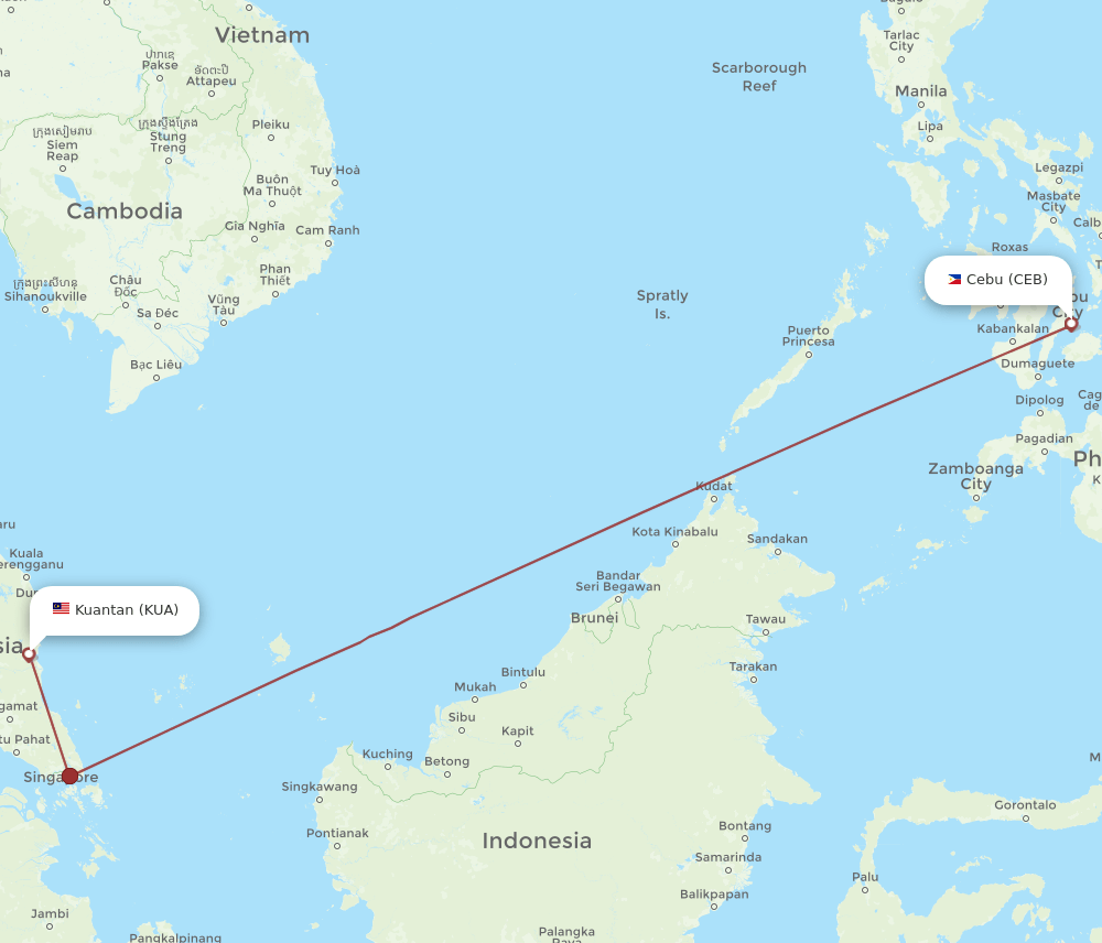 Kuantan - Cebu City route map and flight paths