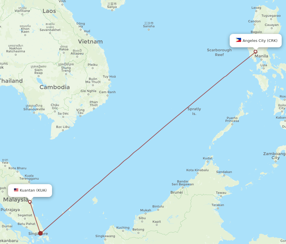 Angeles - Kuantan route map and flight paths