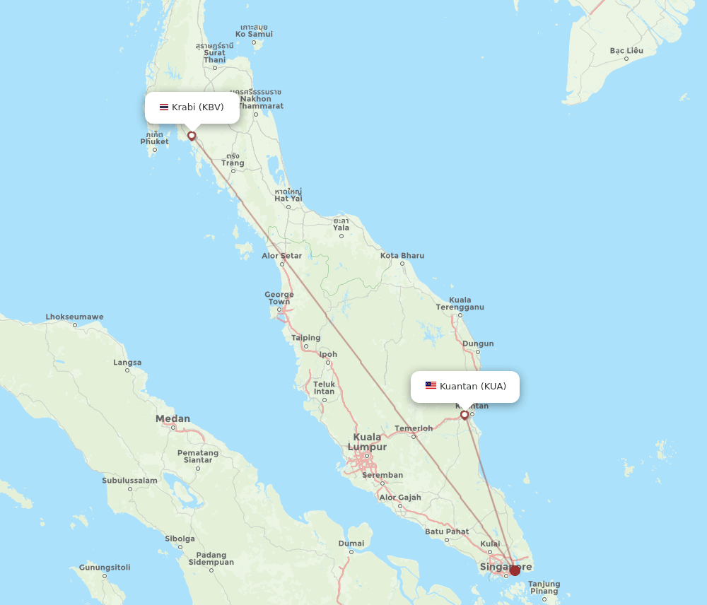 Krabi - Kuantan route map and flight paths