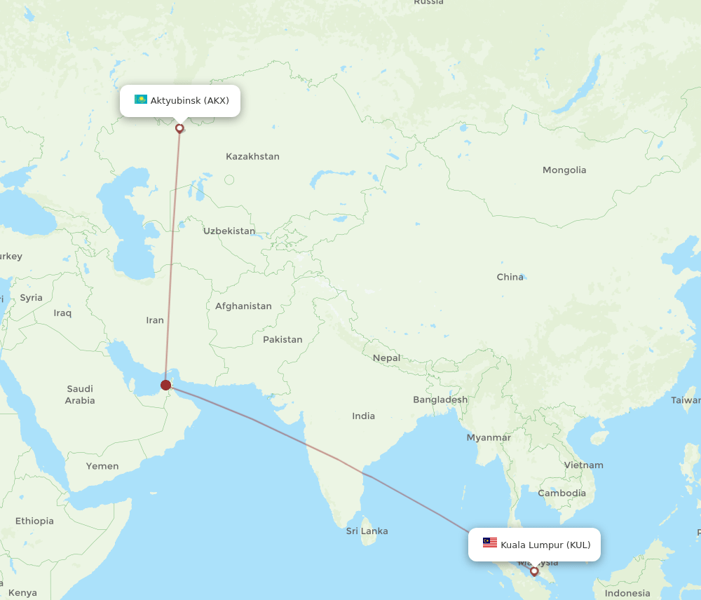 Aktobe - Kuala Lumpur route map and flight paths
