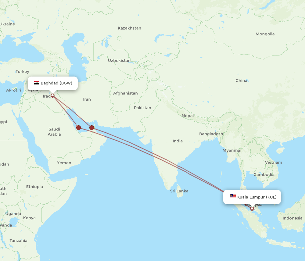 KUL-BGW flight routes
