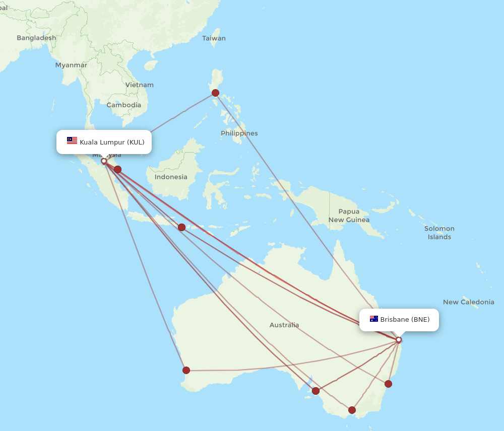 KUL to BNE flights and routes map
