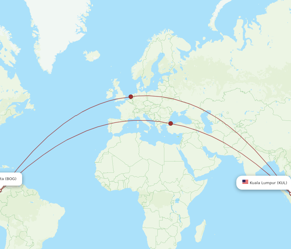 KUL to BOG flights and routes map