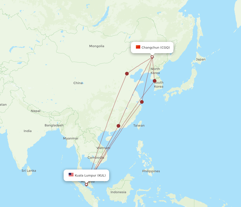 KUL to CGQ flights and routes map