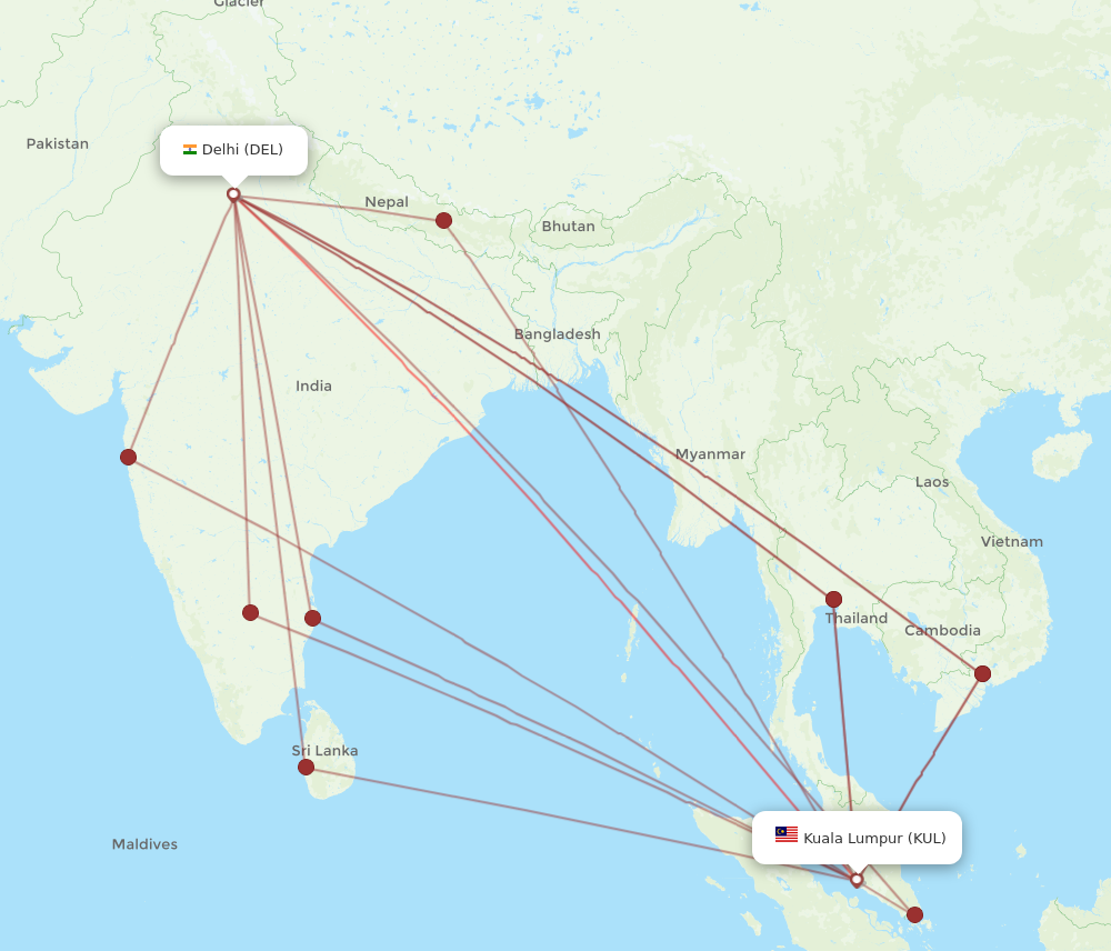 KUL to DEL flights and routes map