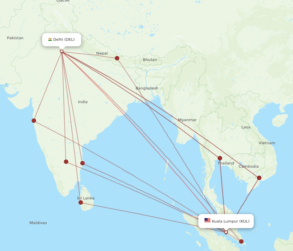 KUL-DEL flight routes