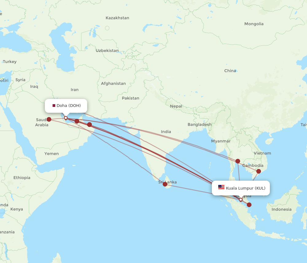 KUL to DOH flights and routes map