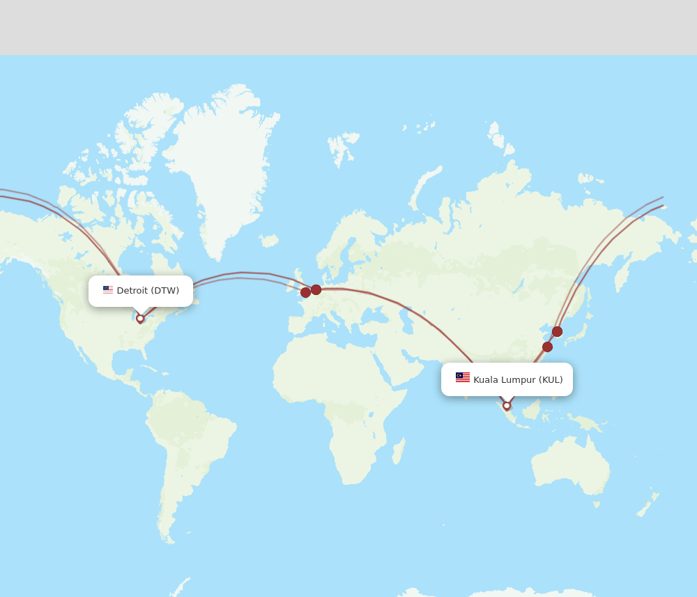 KUL to DTW flights and routes map