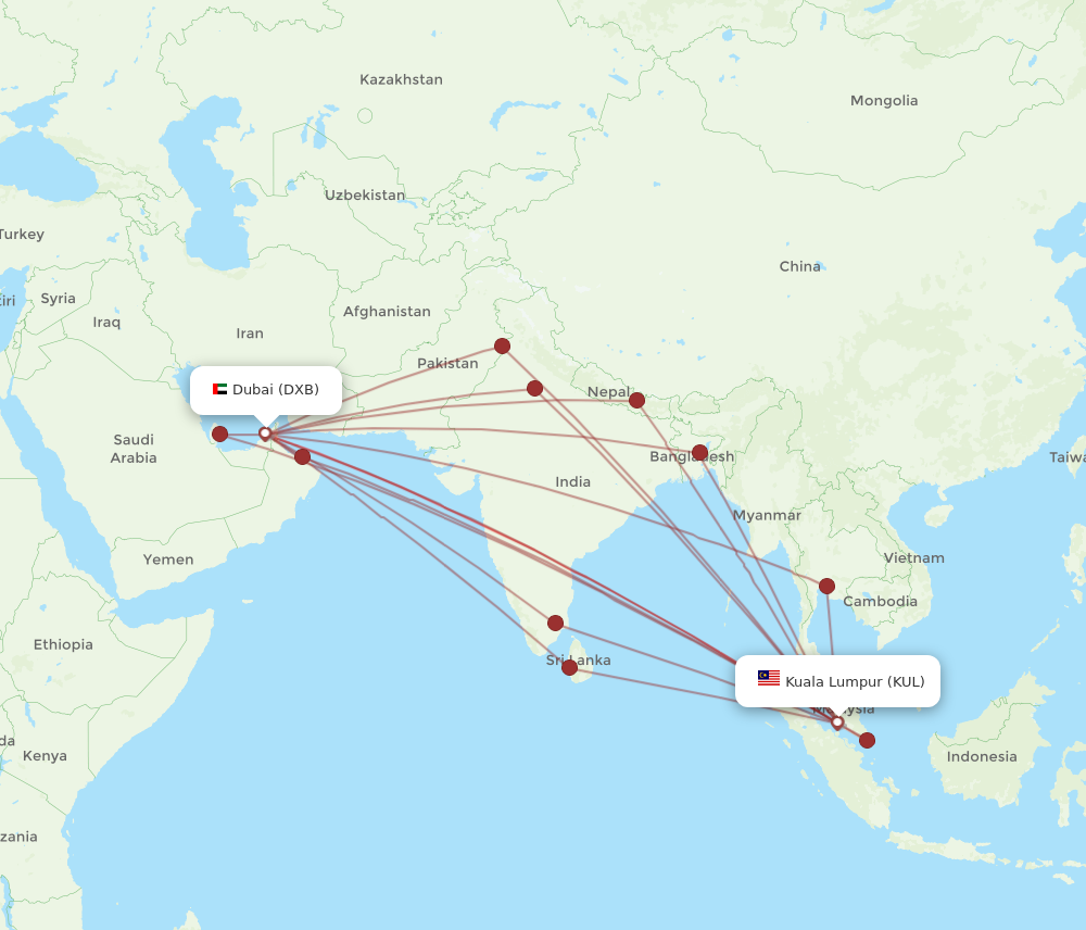 KUL to DXB flights and routes map