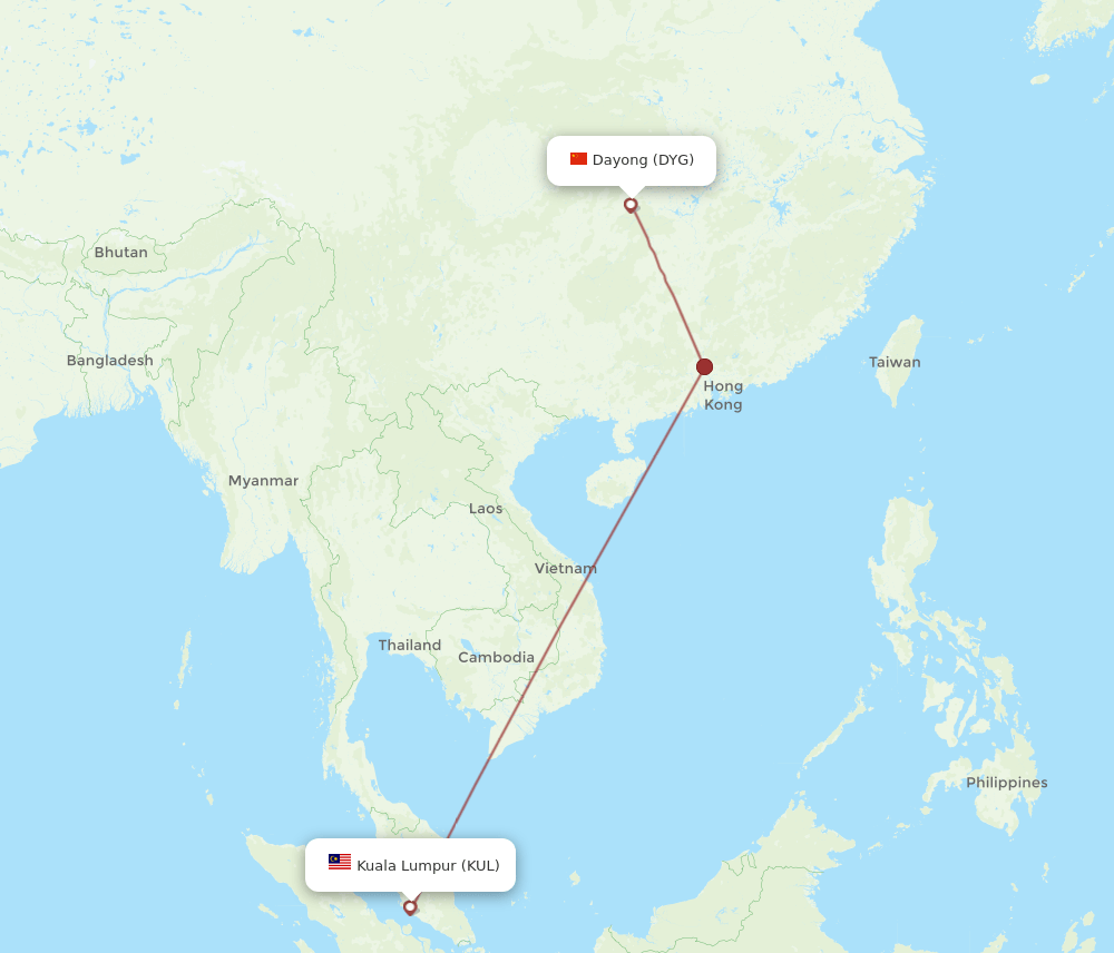 KUL to DYG flights and routes map