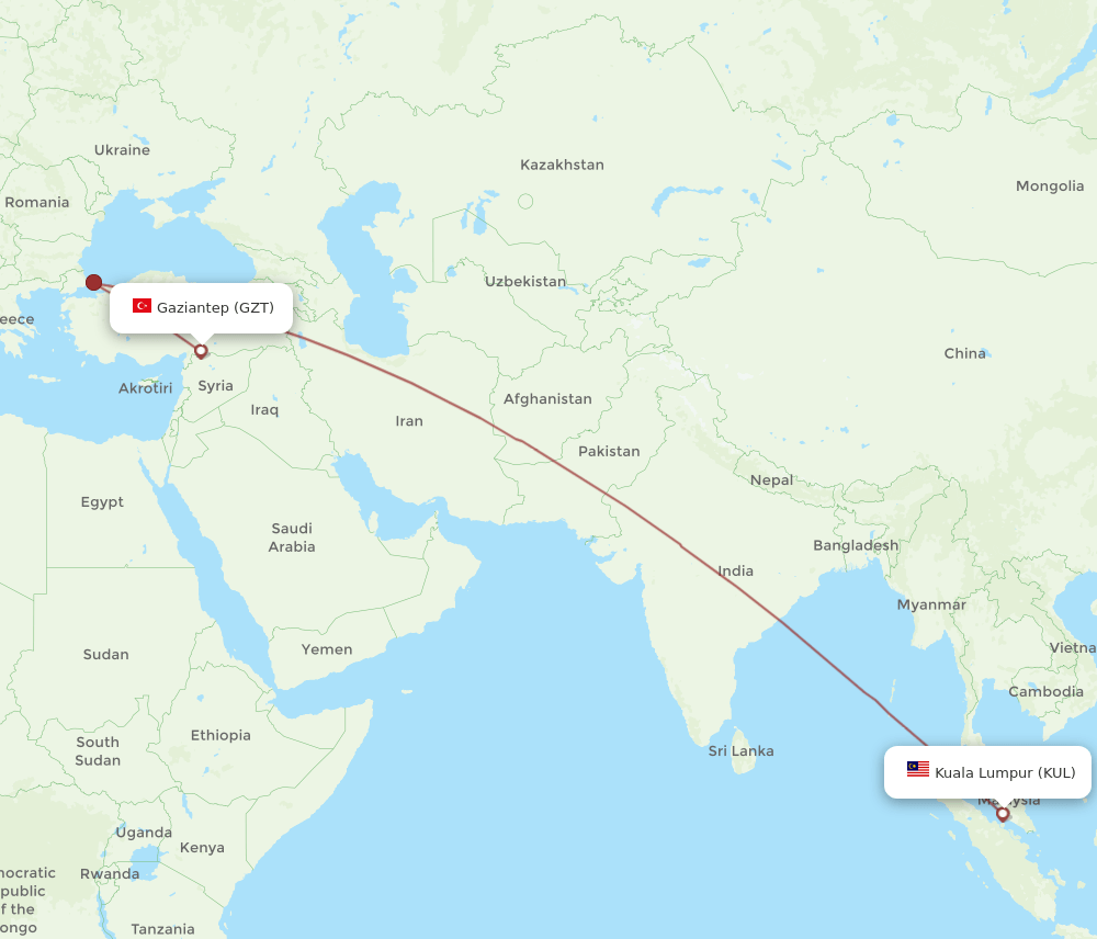 KUL to GZT flights and routes map