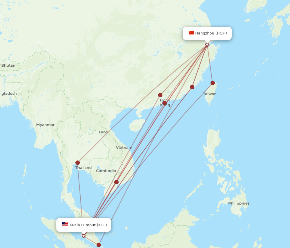 KUL to HGH flights and routes map