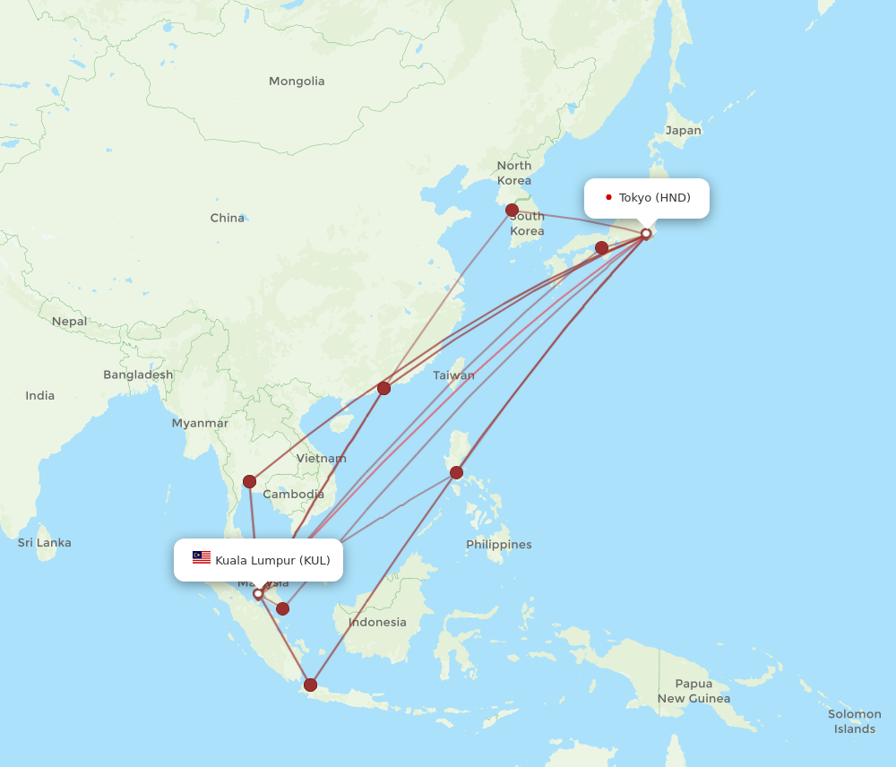 KUL to HND flights and routes map