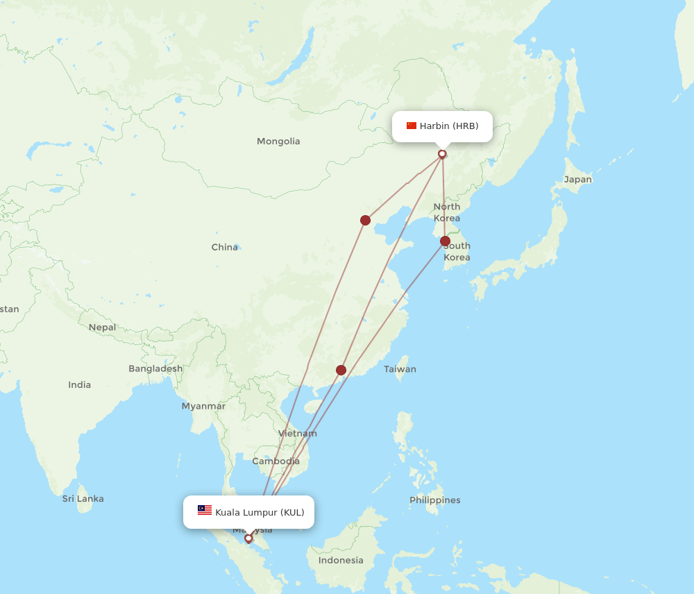 KUL-HRB flight routes