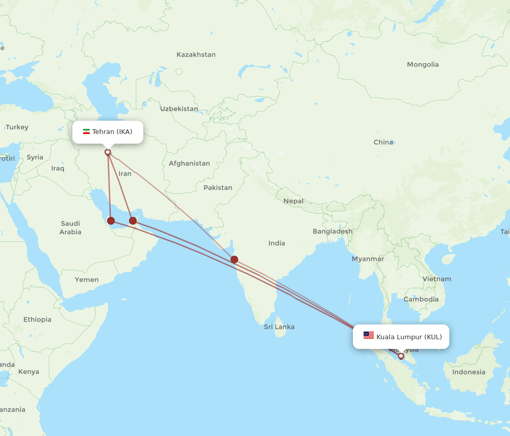 KUL to IKA flights and routes map