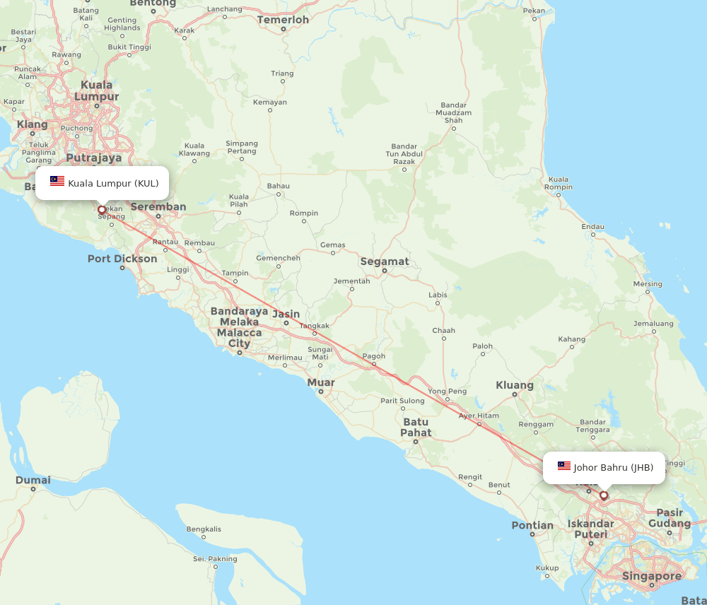 Kuala Lumpur - Johor Bharu route map and flight paths