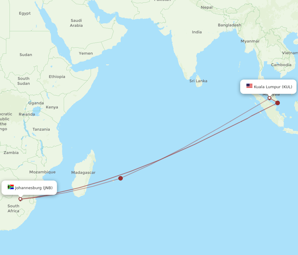 KUL-JNB flight routes
